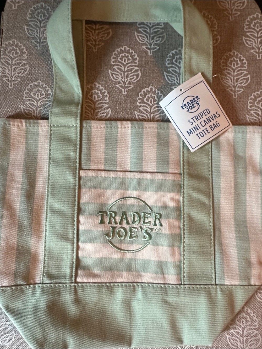Trader Joe's Mint & Cream Striped Mini Canvas Tote Bag